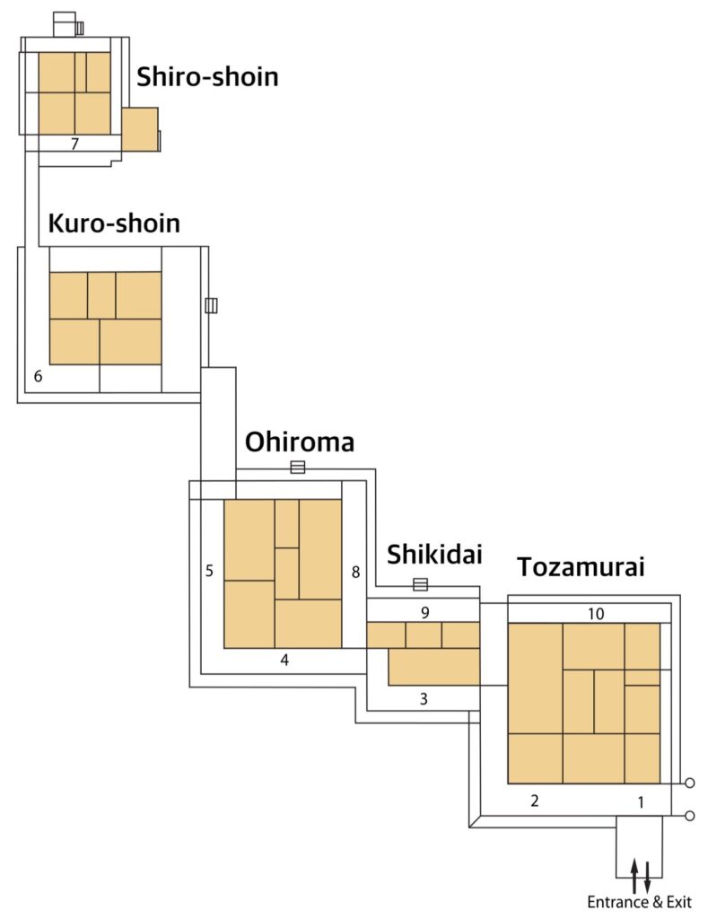 Ninomaru Palace structure: The Palace has 33 rooms and over 800 tatami mats