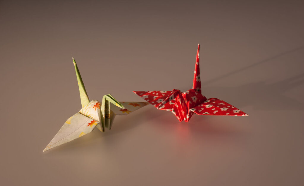 Cranes origami made of japanese washi paper. Since Washi is considered a Jaanese craft, it is included in the list of UNESCO intangible cultural heritage.