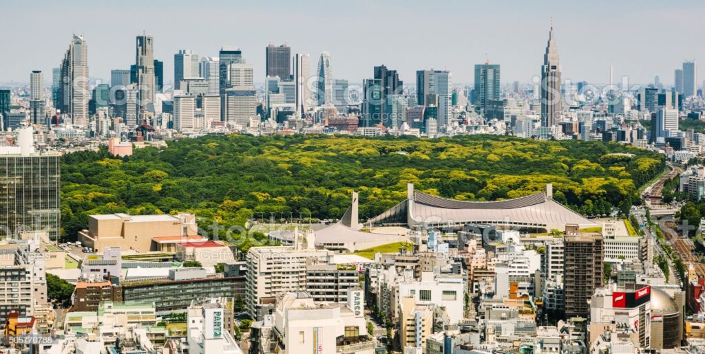 Tokyo skyline towards Shibuya and Shinjuku. Yoyogi park in the middle.