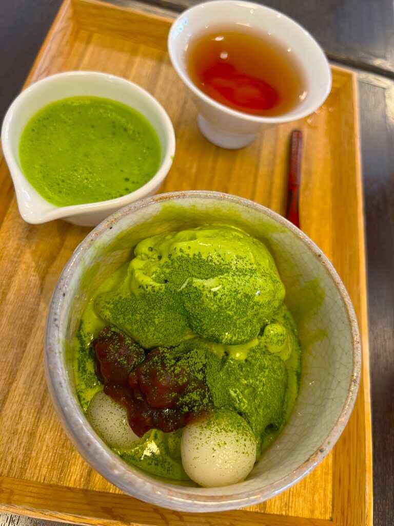 Matcha Ice cream with red bean paste, mochi and matcha tea
