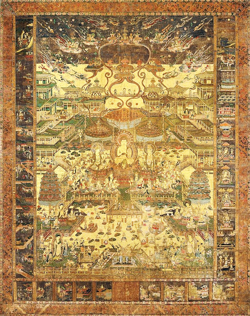 13th Century-Copy of Taima Mandala depicting Sukhavati, the Western Pure Land with Buddha Amida in the center (Source: Wikipedia)